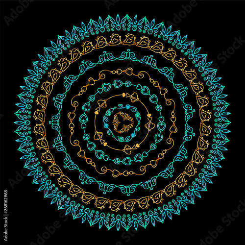 Beautiful vector art. Hand drawing abstract lace mandala, consist from tiny flowers, birds, hearts and arrows. Bright gold and shining neon blue. Boho or tribal design