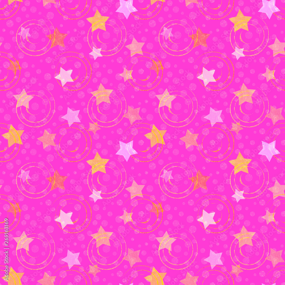 Illustrated pink pattern with stars and spirals Illustrated pink pattern with stars and spirals