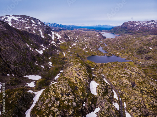 Aerial view. Road and lakes in mountains Norway photo