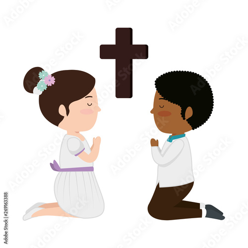 little kids kneeling with cross first communion
