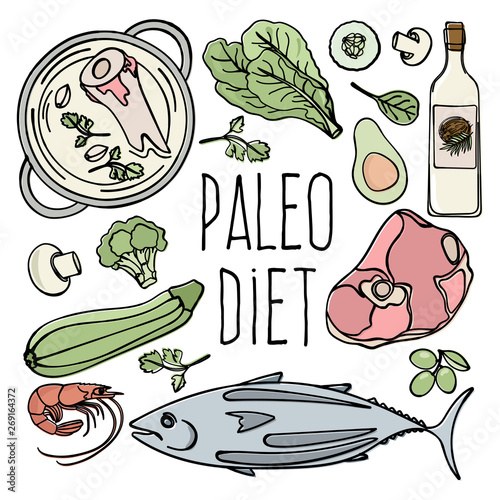 PALEO MENU Healthy Low Carb Diet Food Organic Proper Nutrition Vector Illustration Set for Print Fabric and Decoration