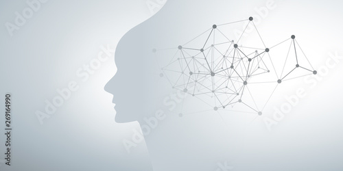     Abstract Machine Learning, Artificial Intelligence, Cloud Computing and Networks Design Concept with Geometric Network Mesh and Human or Robot Head Silhouette 