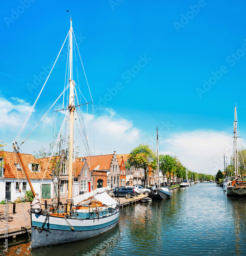 Canal with boats in Edam, Netherlands