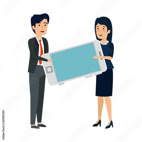 young business couple with smartphone