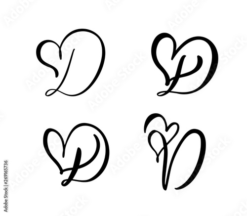 Vector Set of Vintage floral letter monogram D. Calligraphy element Valentine flourish. Hand drawn heart sign for page decoration and design illustration. Love wedding card for invitation