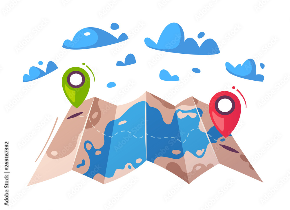 Travel concept. Router in a map. Cartoon vector illustration.