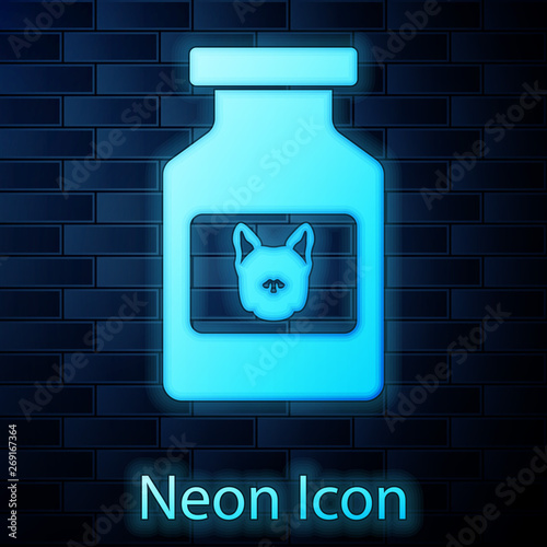 Glowing neon Dog medicine bottle icon isolated on brick wall background. Container with pills. Prescription medicine for animal. Vector Illustration