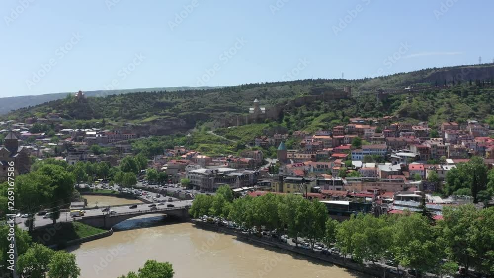 The old part of Tbilisi. You can see Narikala Fortress and the Kura River. Aerial view