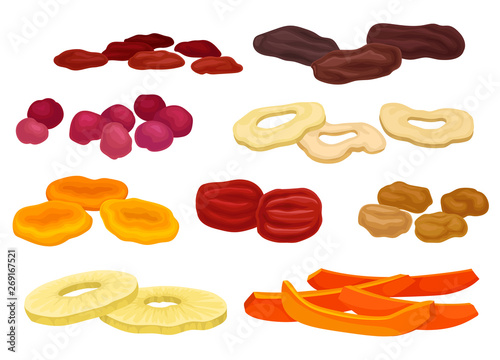 Set of different dried fruits. Vector illustration on white background.