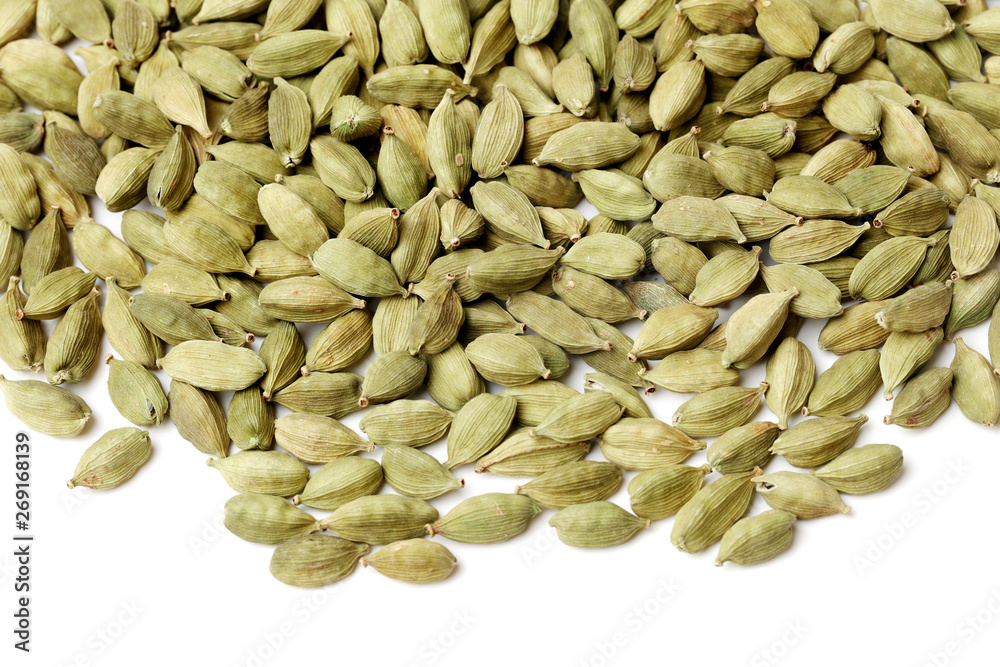 Green cardamom pods on white background Green cardamom pods on white background
