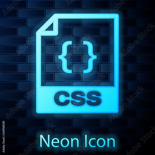 Glowing neon CSS file document icon. Download css button icon isolated on brick wall background. CSS file symbol. Vector Illustration