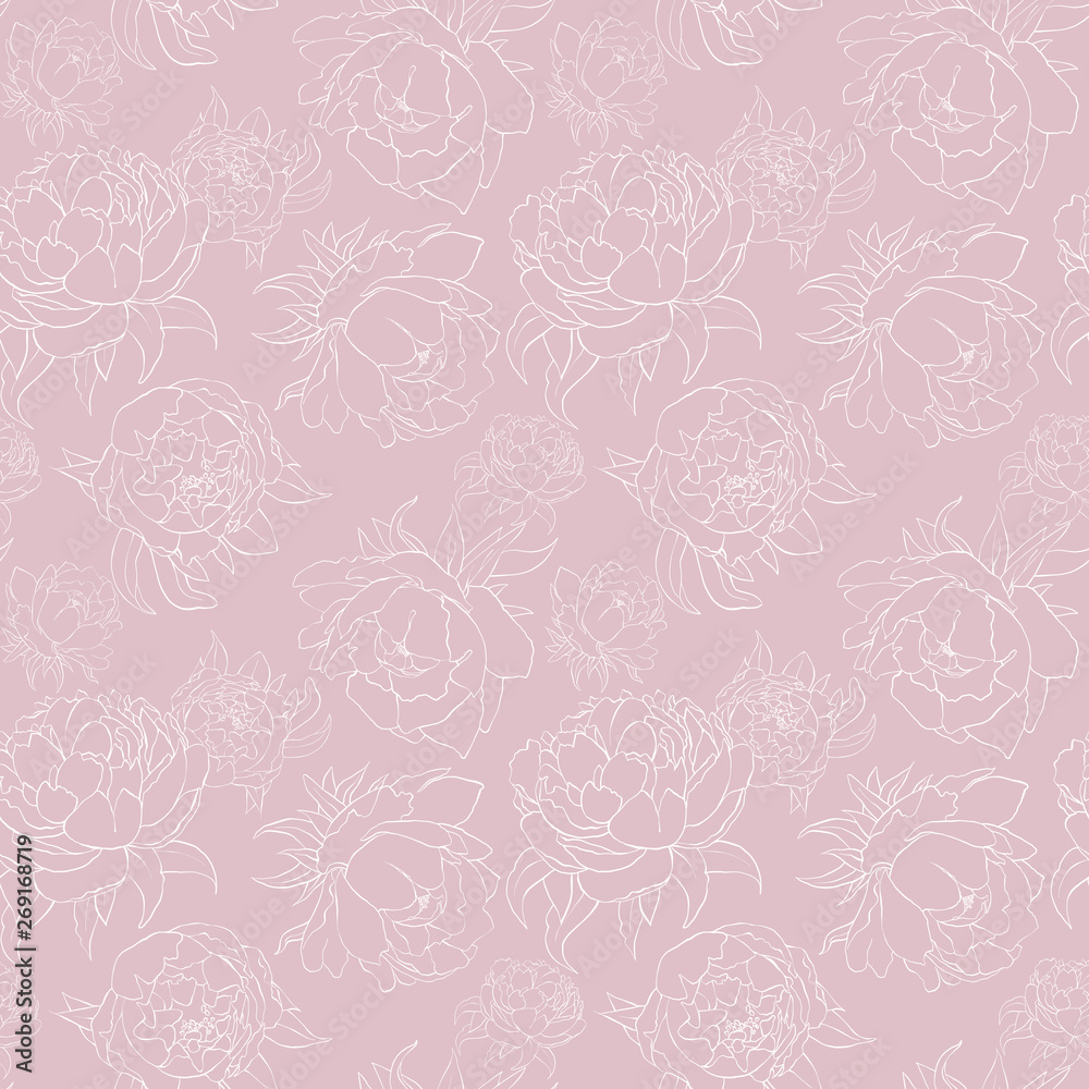 Watercolor seamless pattern illustration of outline peony flower Watercolor seamless pattern illustration of outline peony flower