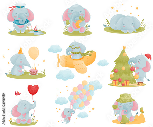 Set of cute humanized baby elephants. Vector illustration on white background.