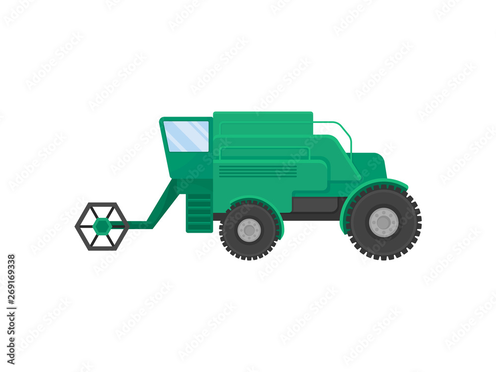 Big green combine. Vector illustration on white background.