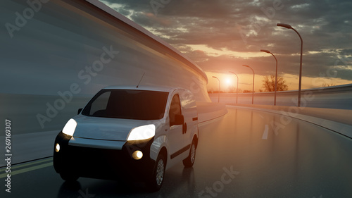 White delivery van on highway. Transport and logistic concept. 3D Illustration © Dmitry