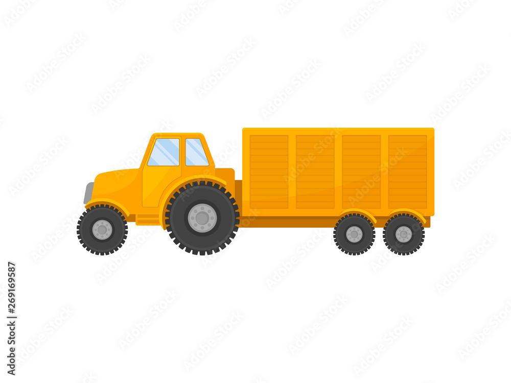 Big yellow tractor with a cart. Vector illustration on white background.