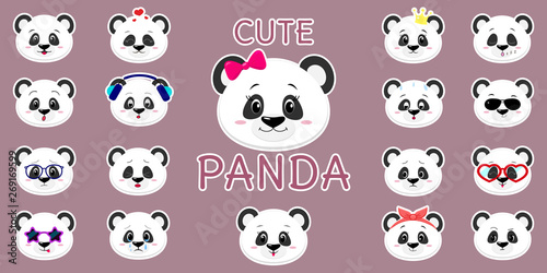 White stroke sticker, cute panda bear head, mega set of different emotions and accessories. Cartoon style, flat design, vector illustration