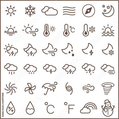 Set of weather and weather cast Icons line style.  Contains such Icons as sunny  partly sunny  raining  snowing  cloudy  rainbow  weather forecast  rain And Other Elements