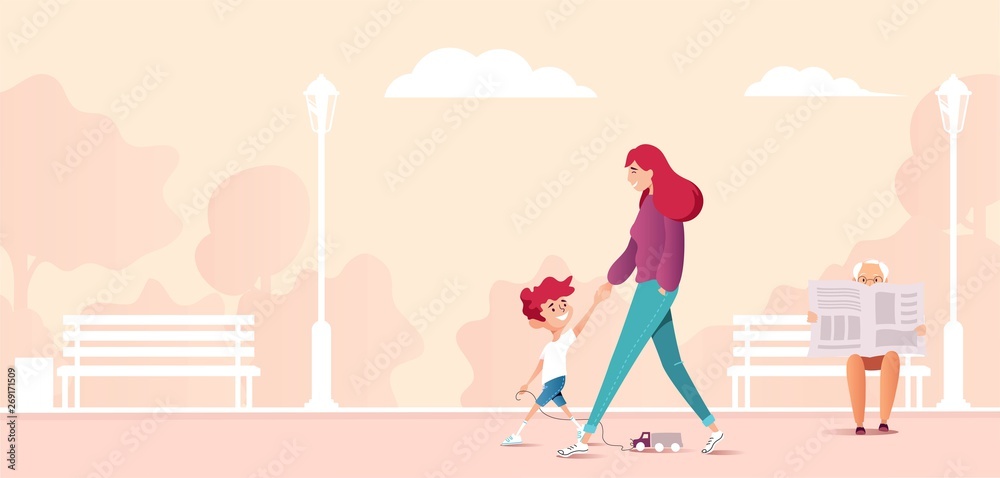 Mother and son walking together in city park. Cartoon vector illustration