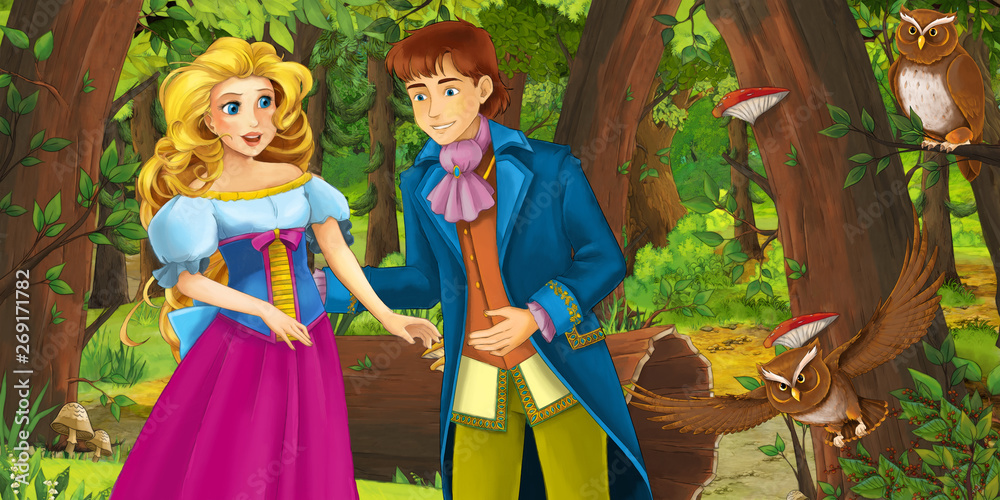 cartoon scene with happy young girl and boy prince and princess in the forest encountering pair of owls flying - illustration for children cartoon scene with happy young girl and boy prince and princess in the forest encountering pair of owls flying - illustration for children