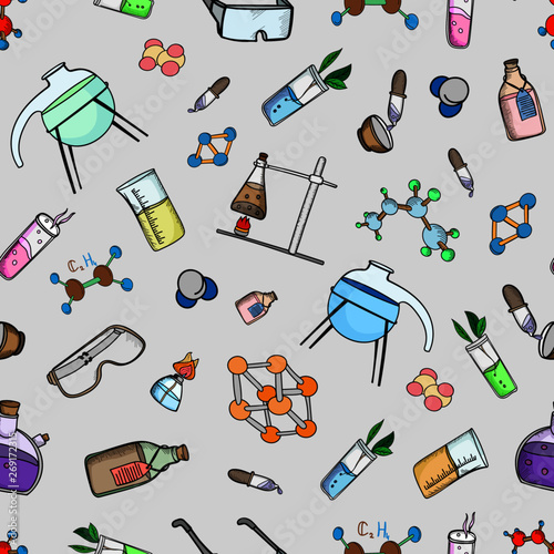 pattern seamless chemistry science laboratory equipment   background wallpaper molecule atoms bulb test tube pipettes
