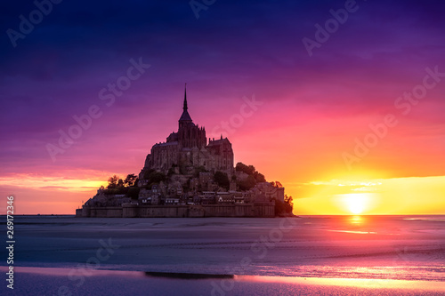 Mont Saint-Michel view in the sunset light. Normandy, northern France