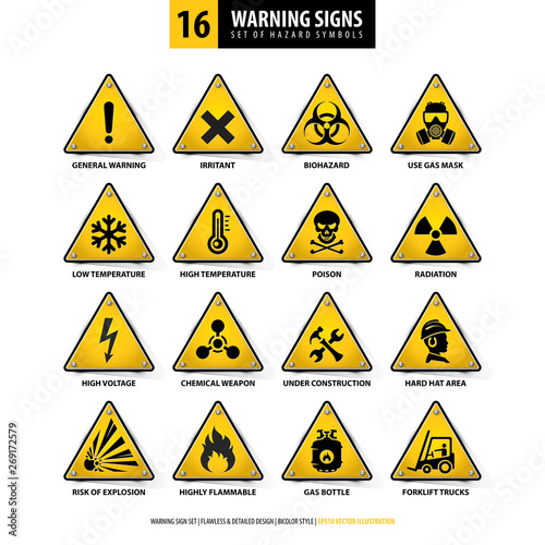 vector set of warning signs, collection of hazard symbols, 16 high detailed danger emblems, isolated 3d triangle shapes, gradient style design, illustration of yellow danger boards on white background