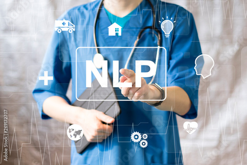 Fotografía Doctor pressing button NLP Neuro Linguistic Programming healthcare on online virtual panel medicine