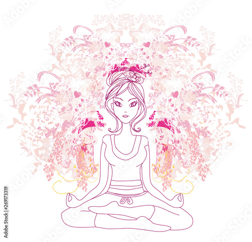 Yoga girl in lotus position, hand-drawn illustration