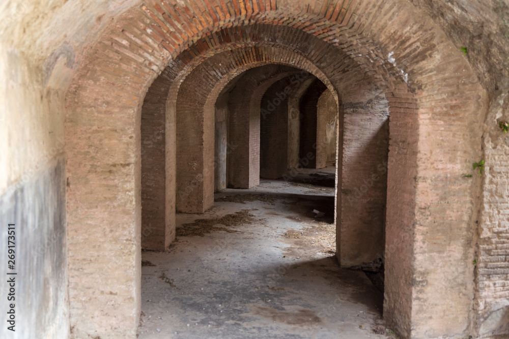 Pompeii, Italy. 04-22-2019. Interior of arena  at antique Roman city of Pompeii, Italy.