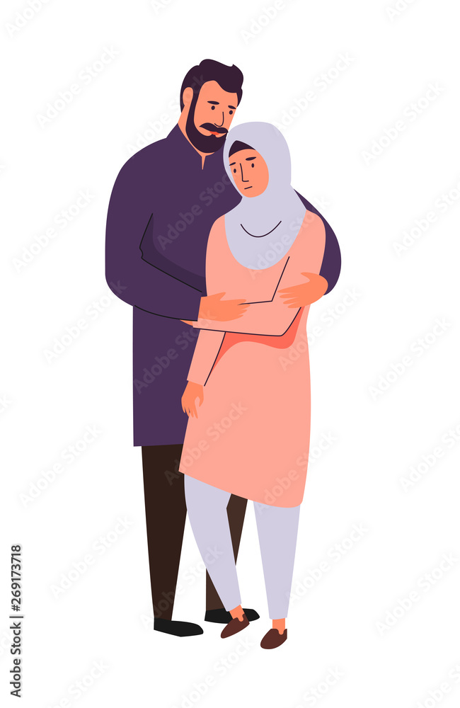 Muslim family, hijab abaya traditional clothing, vector illustration