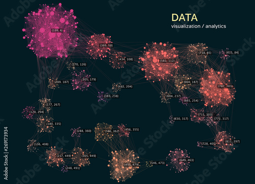 Abstract big data network. Cluster analysis. Infographics data science design. Distributed computing concept.