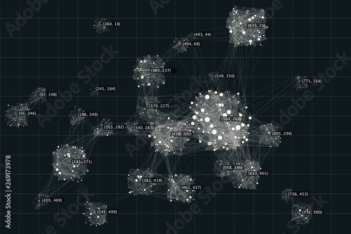Big data visual representation. Cluster analysis visualization. Cluster map diagram. Advanced analytics. Beauty of data background.