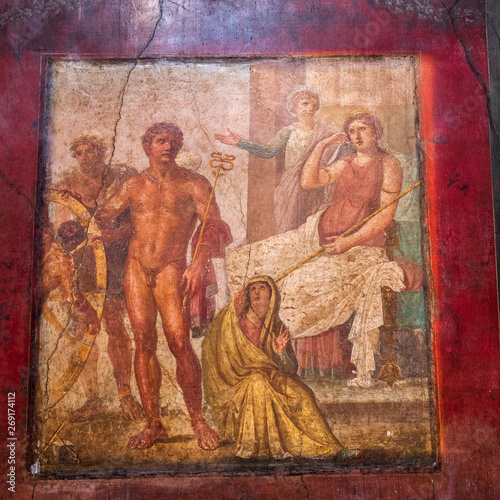 Pompeii, Italy. 04-22-2019. Fresco in antique roman house in Pompeii, Italy.