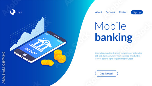 Mobile banking concept. Online bank template. Bank icon on smartphone screen. Coins stack on the background of a mobile phone. Vector 3d isometric illustration.
