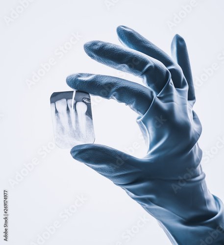 Closeup of hand in white glove holding small dental x-ray isolated on white background photo