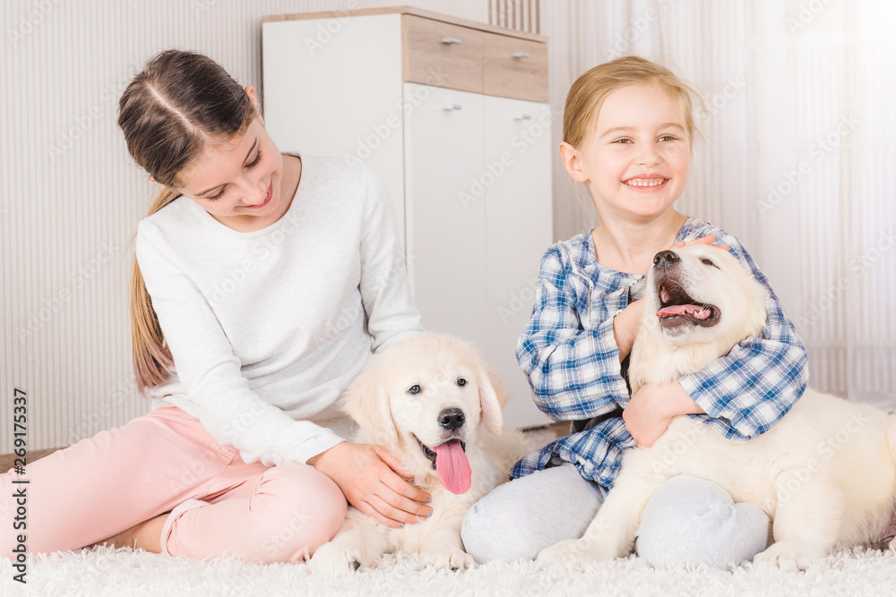 Smiling sisters sitting with cute retriever puppies on carpet Smiling sisters sitting with cute retriever puppies on carpet