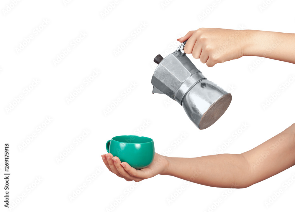 Coffee cup with moka pot in hand . Coffee cup with moka pot in hand .