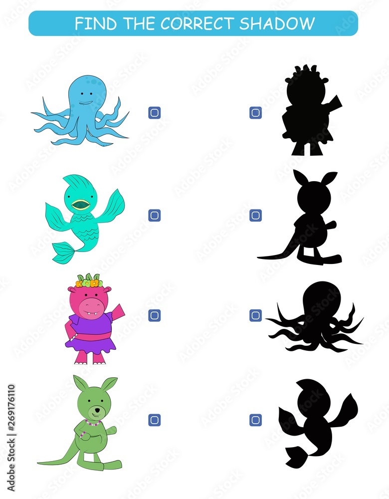 Find the correct shadow. Kids educational game. Cartoon animal: kangaroo, fish, octopus and cow.  