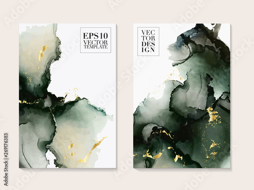 Abstract liquid paint in deep green colors. Modern poster with alcohol ink splashes. Liquid flow design for advertising, banner, poster, social media post, business template. Vector.