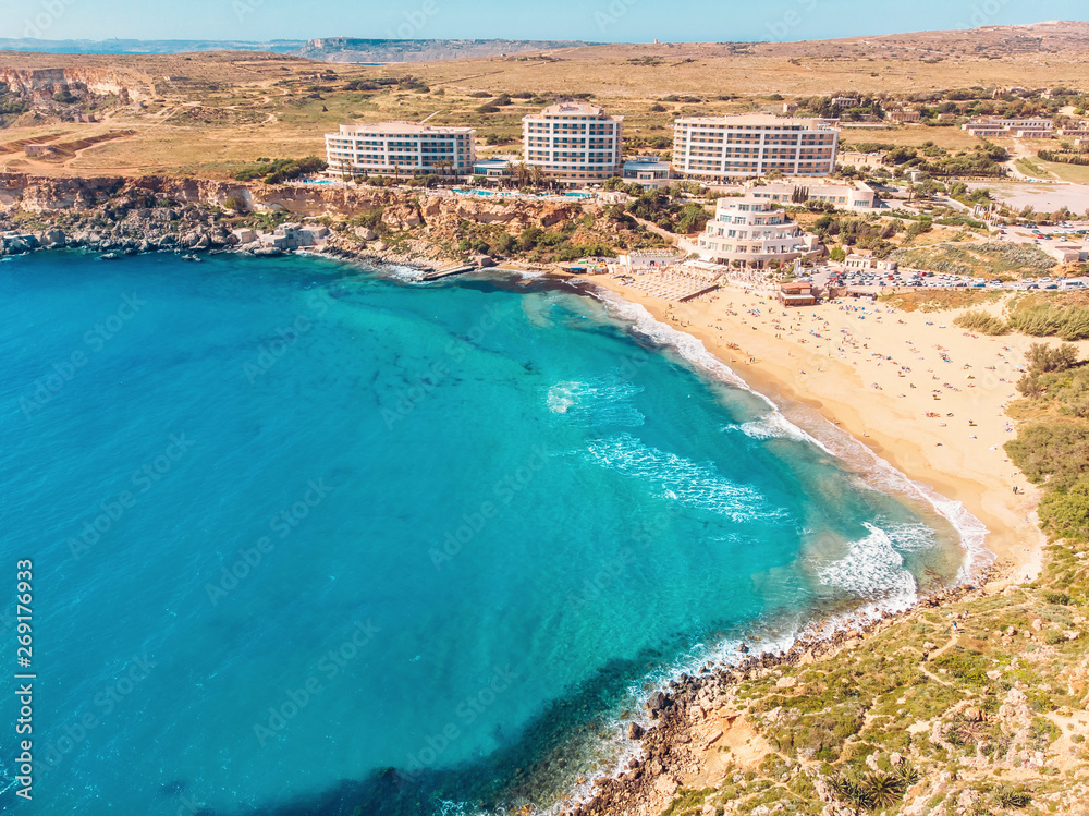 Golden Bay azure beach blue water sea, Malta. Concept travel. Aerial photo