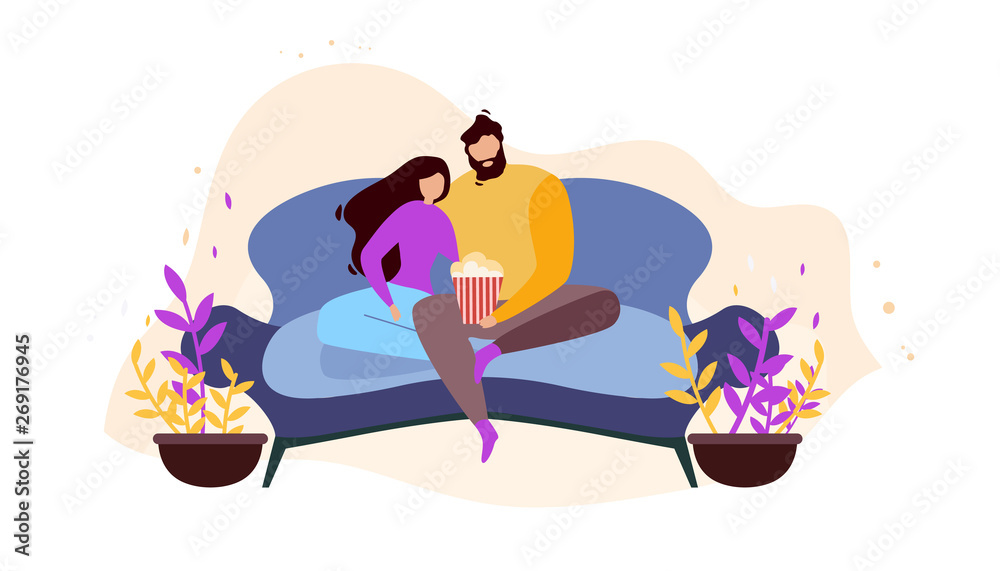 Cartoon Couple Home Rest on Couch Watching Movie