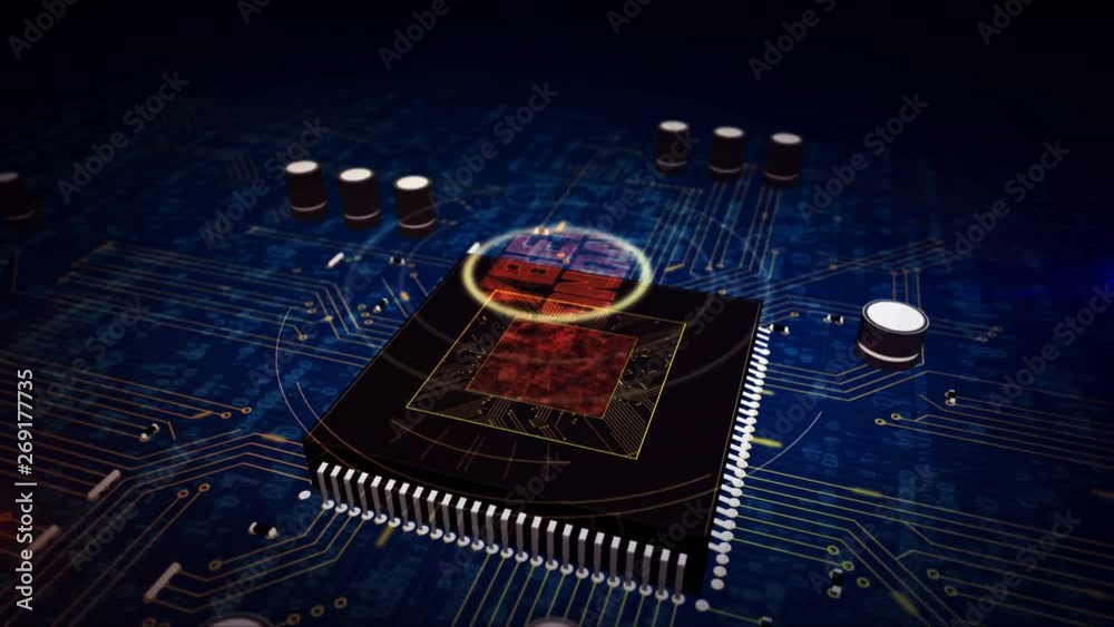 Cyber monday glowing hologram over working cpu in background. Futuristic and modern 3D intro for sale promotion and shopping advertise.