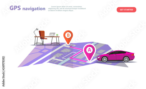GPS navigation, point location on a city map.Path route on the map from home to work office. Car and satellite navigation systems isolated concept vector illustration on white background
