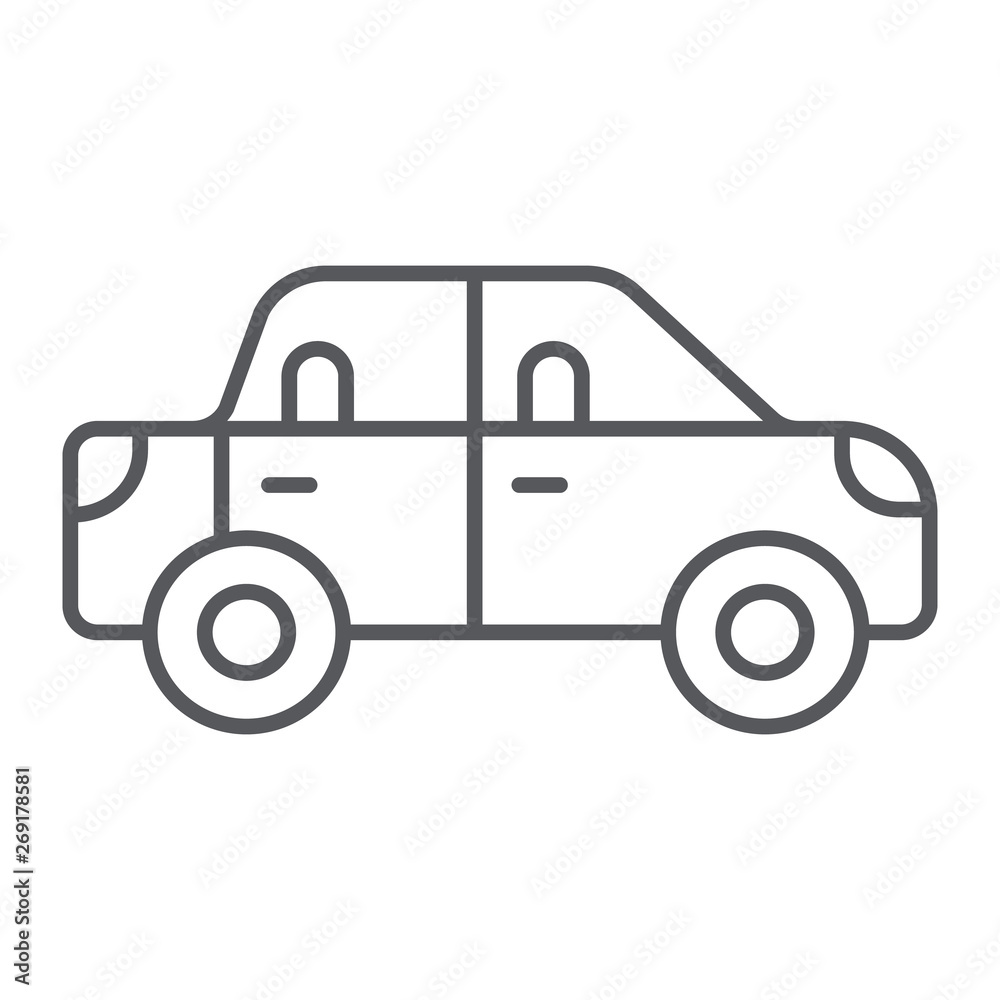 Passenger car thin line icon, transport and automobile, vehicle sign, vector graphics, a linear pattern on a white background.