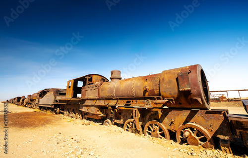 Old rusty steam locomotives near Uyuni in Bolivia. Cemetery trains.