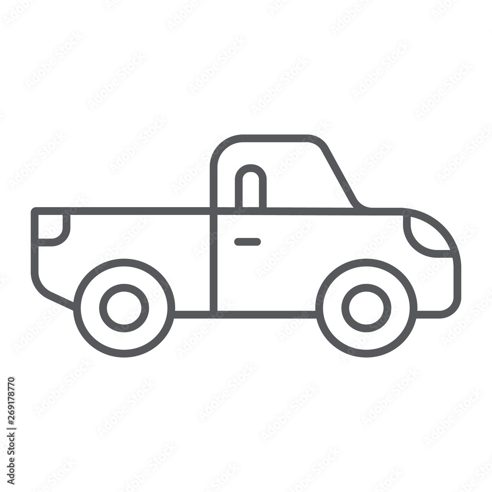 Pickup thin line icon, transport and automobile, truck sign, vector graphics, a linear pattern on a white background.