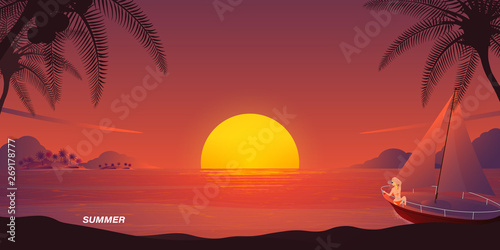 hello summer holiday sunset,woman sailboat at sea island vector