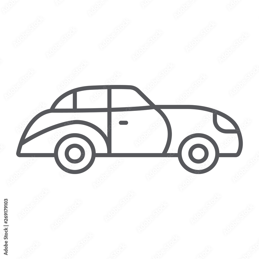 Retro car thin line icon, vintage and automobile, old car sign, vector graphics, a linear pattern on a white background.