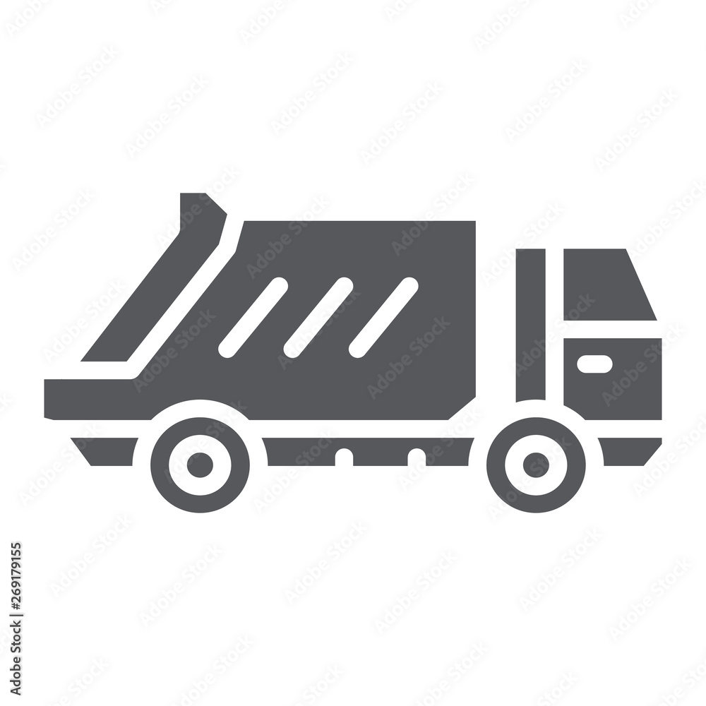 Garbage truck glyph icon, transportation and auto, waste lorry sign, vector graphics, a solid pattern on a white background. Garbage truck glyph icon, transportation and auto, waste lorry sign, vector graphics, a solid pattern on a white background.